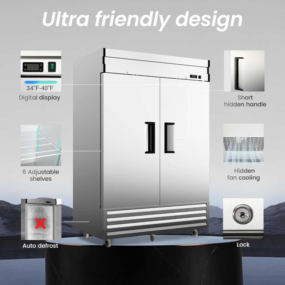 2 Door 49 Cu.Ft Commercial Refrigerator Dynamic Cooling OmniSmart Temperature Control 33℉~41℉ Stainless Steel Reach In 6 Shelves 54" W Commercial Refrigerator LED Light Digital Thermostat