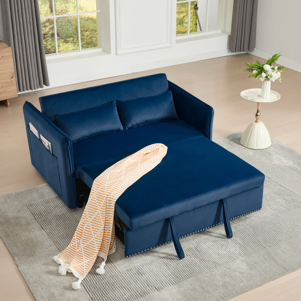 3 in 1 Convertible Sleeper Futon Sofa Bed, 55" Velvet Small Loveseat Lounge Couches with 2 Pillows, Reclining Backrest, Side Pockets for Living Room, Pull-Out Couch