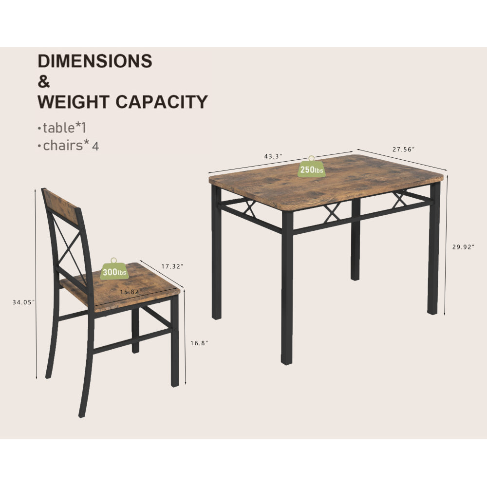 Dining Table Set for 4, Wood Kitchen Table with Chairs Dinning Table Set for Kitchen & Dining Room, Compact Dining Set for Small Spaces, Rustic Brown