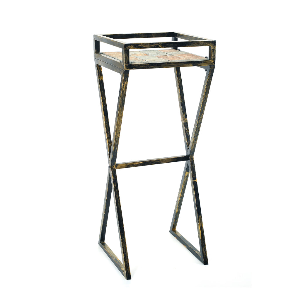 35.5" Gray Stone Slab Black / Gold Metal Plant Stand