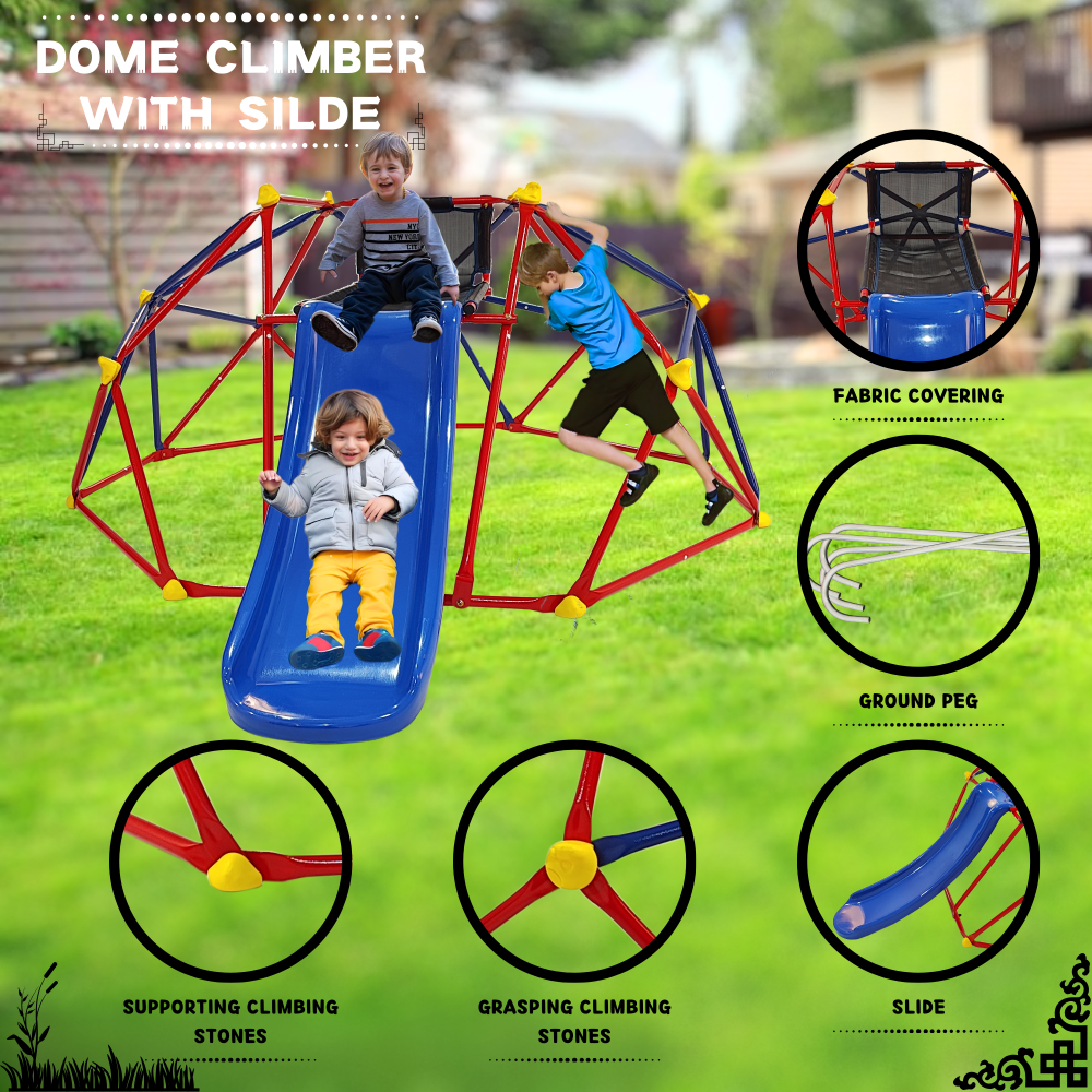 XCF007 6ft Dome climber with 1.2m slide for age 3+ climber with Climbing Stones