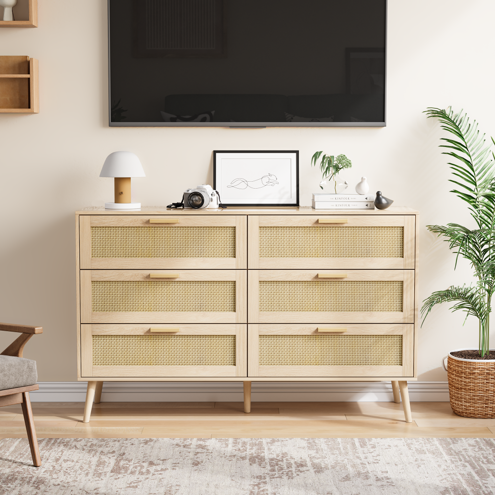 Rattan 6 Drawers Chest of Dressers for Bedroom, Modern 6 Drawer Dresser, Wide Chest of Drawers with wood Handles, Rattan Dresser Storage Cabinet for Living Room, Bedroom, Hallway