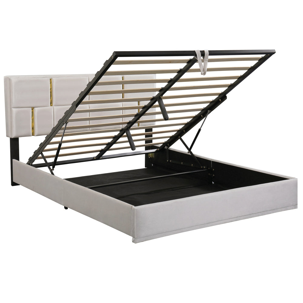 2-Pieces Bedroom Sets,Queen Size Upholstered Platform Bed with Hydraulic Storage System,Storage Ottoman with Metal Legs,Beige
