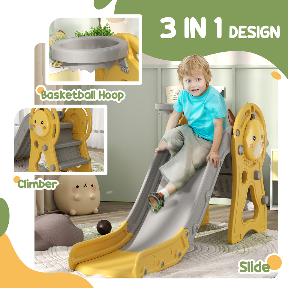 Qaba Toddler Slide, 3 in 1 Slide for Kids Ages 1-3 Years, Indoor Slide with Basketball Hoop, Climber, Duck Pattern, Yellow