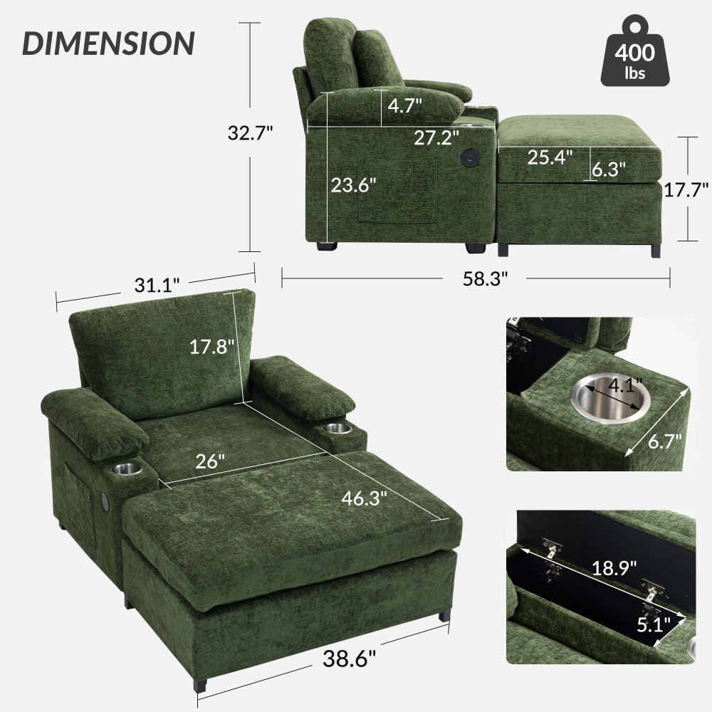 Modern Oversized Chair with Ottoman,Chenille Fabric Sofa Bed,Accent Chair Comfy Sofa with Cupholders and USB Charging Ports Chair for Living Room,Bedroom,Apartment
