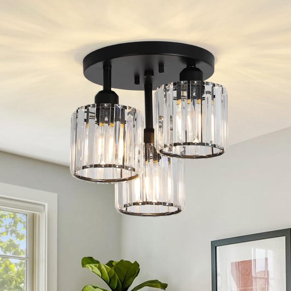 Semi Flush Mount Ceiling,3-Light Kitchen Mount,Hallway Light Fixtures Ceiling with Clear Crystal Shades for Kitchen Entryway Bedroom Bathroom Foyer