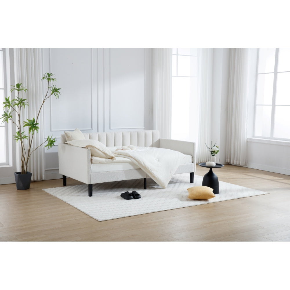 Elena Twin Size Ivory Boucle Upholstered Daybed, Ribbed Tufted Backrest, Daybed in Lavish Modern Design, Richly Hued Foam Comfort