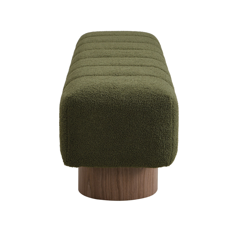 Upholstered Dining Bench for Dining Room, No-Assembly End of Bed Entryway Bench Ottoman for Bedroom Living Room, Green Boucle Fabric Stool Top Wood Leg 300 LBS Weight Capacity