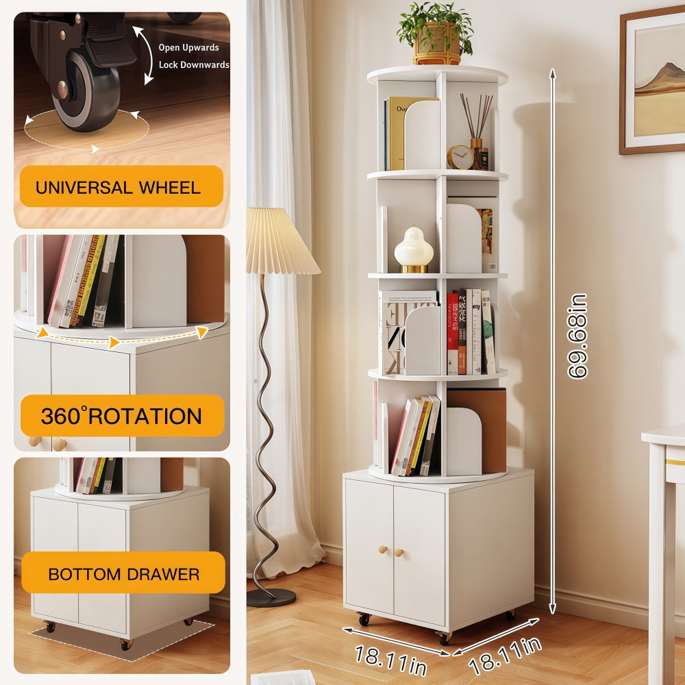Rotating Bookshelf, 360 Degree Display 5 Tier Corner Bookshelf with Drawer for Small Space, Floor Standing Bookcase Storage Rack, Wood Narrow Book Shelf Organizer for Bedroom, Living Room (WHITE)