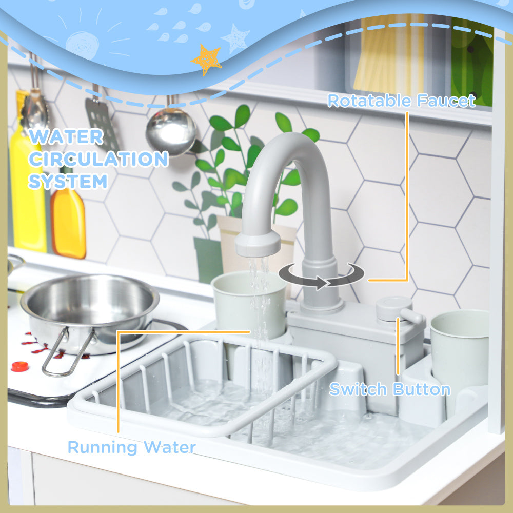 Qaba Play Kitchen, Kids Kitchen Playset, Pretend Play Toy Kitchen with Lights & Sounds, Running Water, Coffee Machine, Ice Maker, 5 Accessories & Microwave, Gift for 3-8 Years, White