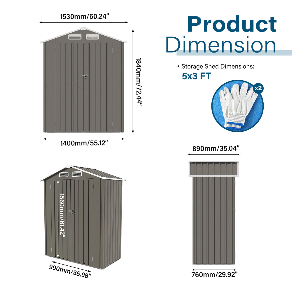 5X3 FT Metal Outdoor Storage Shed, Tool Shed with Peaked Roof Waterproof, Lockable Door Compact Metal Tool Shed for Garden, Backyard, Patio, Sundries and Bike Storage, Gray