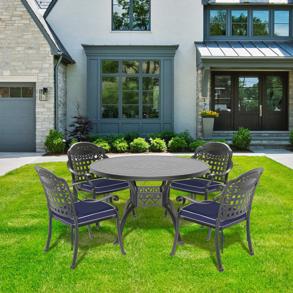 Ø47.24-inch Cast Aluminum Patio Dining Table With Black Frame and Carved Texture on the Tabletop