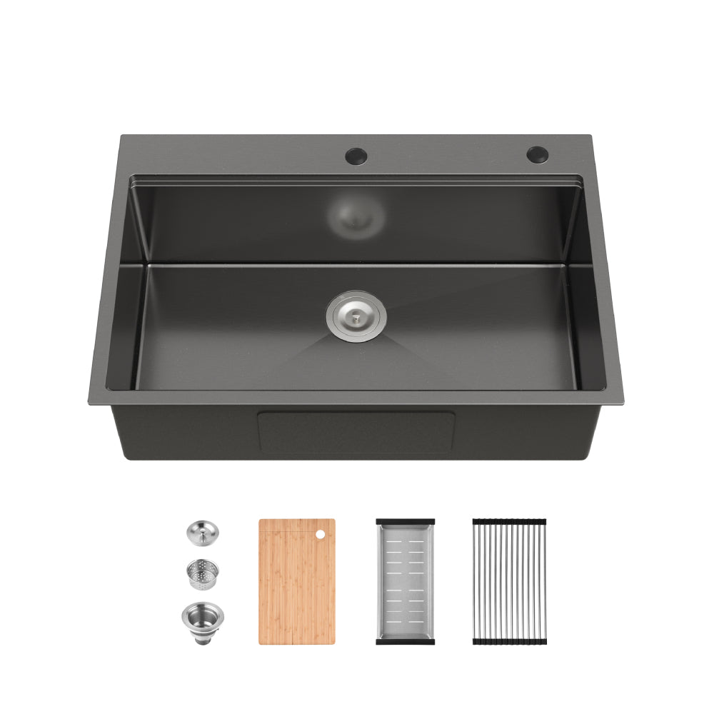 Stainless Steel Kitchen Sink, 32″x19″ Single Bowl, Overmount Handmade Sink in Brushed Nickel, with US Standard Drain and Hook, LS-SSBR02