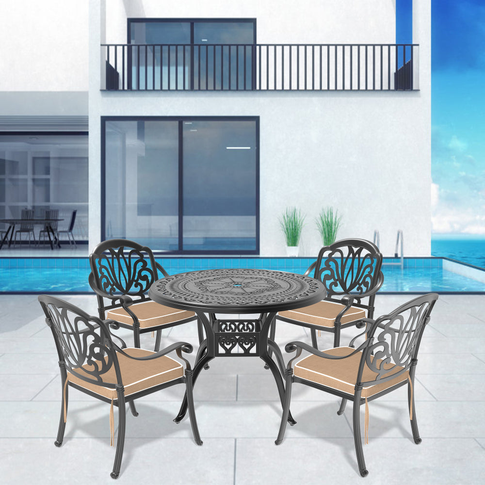 Ø39.37-inch Cast Aluminum Patio Dining Table With Black Frame and Umbrella Hole