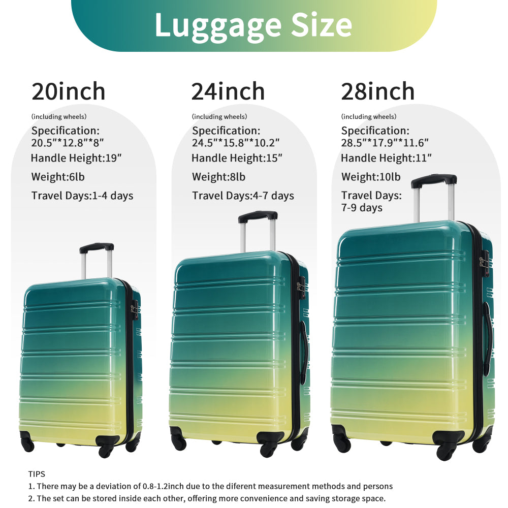Hardshell Luggage Sets 3 Piece Gradient Color Expandable Suitcase with Spinner Wheels and TSA Lock Lightweight 20" 24" 28" Available,Green+Yellow