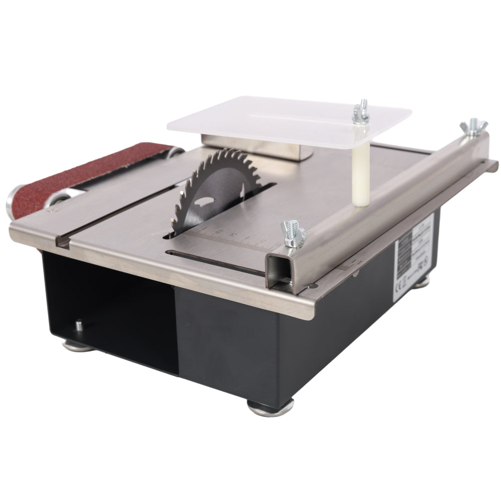 Mini Table Saw,Belt Sander, stainless steel top,4pcs Blades,10pcs Sanding Blet,7 Gear Adjustable 0-90° Angle, Available for Wood/PCB/Acrylic/Plastic,DIY Model Crafts Cutting Tool