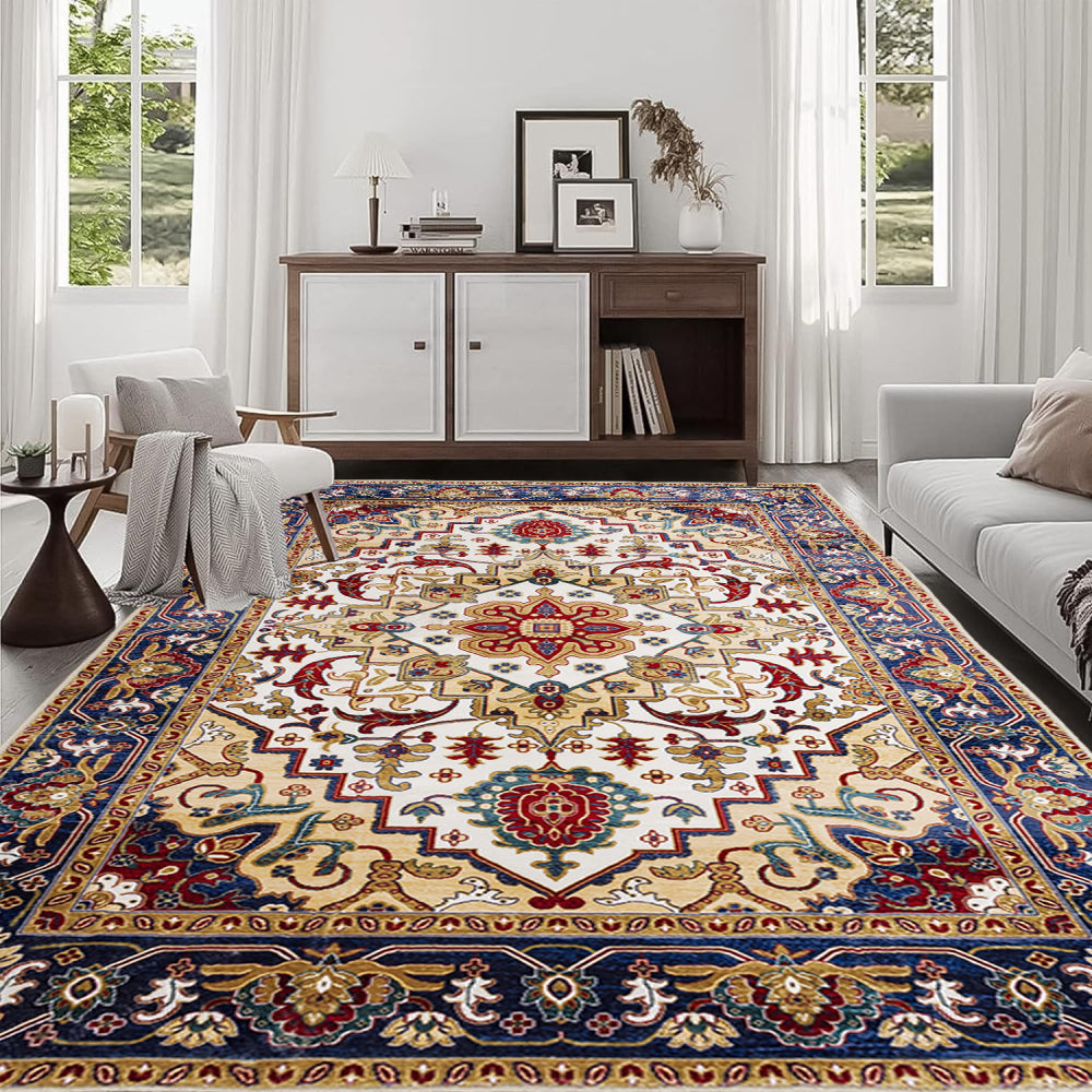 Area Rug 5x7 Vintage Bohemia Large Persian Non-slip Washable Rug For Living Room Kitchen Bedroom Living Room Flower Design Blue/Gold