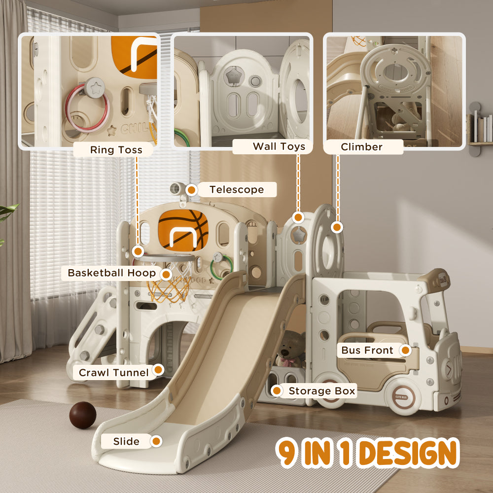 Qaba 9 in 1 Toddler Slide, Indoor Slide for Kids Ages 1-6, Car Themed Baby Slide with Basketball Hoop, Climber, Storage Space, Ring Toss, Telescope, Tunnel, Cream White