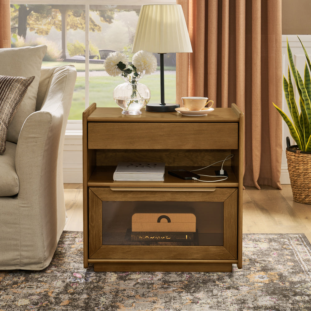 Mid Century Modern Nightstand with Charging Station & Outlet Hole & 2 Drawers, Farmhouse End Table with Open Shelf & Glass Drawer Dresser, Side Cabinet for Living Room Reception Room Dorm, Dark Walnut
