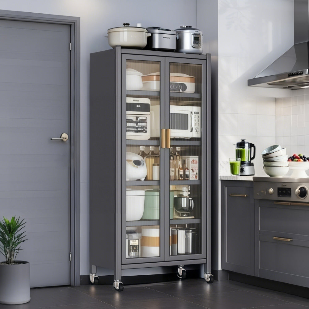 65" Kitchen Pantry Storage Cabinet, 6 Tier Metal Display Storage Cabinet with Transparent Door, Adjustable Shelves & Wheels, Food Pantries Cabinets, for Kitchen, Living Room and Dining Room, Gray