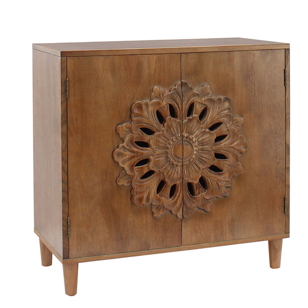 Rustic Hand-Carved Wooden 2-Door Cabinet – Boho Accent Storage Cabinet with Floral Design, Solid Wood Sideboard for Living Room, Entryway, or Bedroom