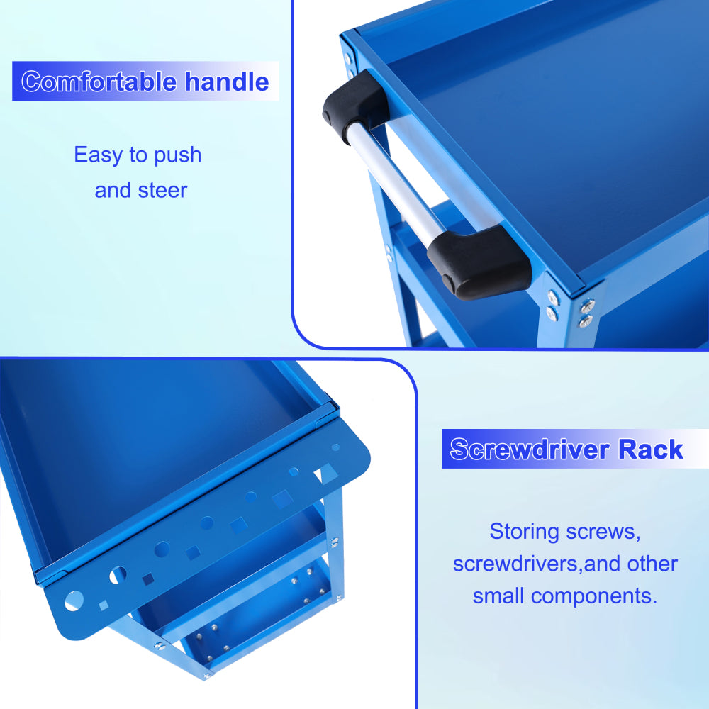 Tool Cart on Wheels, 3 Tier Rolling Mechanic Tool Cart, Heavy Duty Steel Utility Cart w/Lockable Wheels, 450 LBS Capacity Industrial Service Cart for Garage, Warehouse, Workshop (blue)