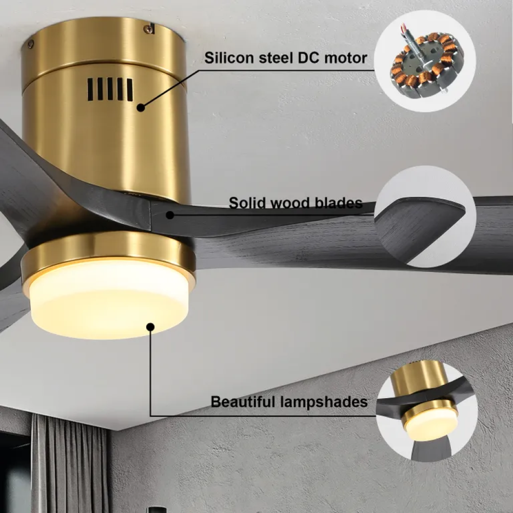 52 Inch Flush Mount Ceiling Fan With 3 Solid Wood Blades Remote Control Reversible DC Motor For Living Room