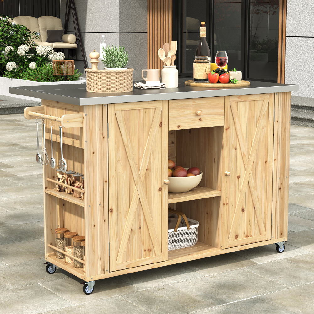 Outdoor Kitchen Island Fir Wood Kitchen Island with Stainless Steel Top, Ample Storage Space, Towel and Spice Racks and a Bottle Opener for Outdoor, Natural