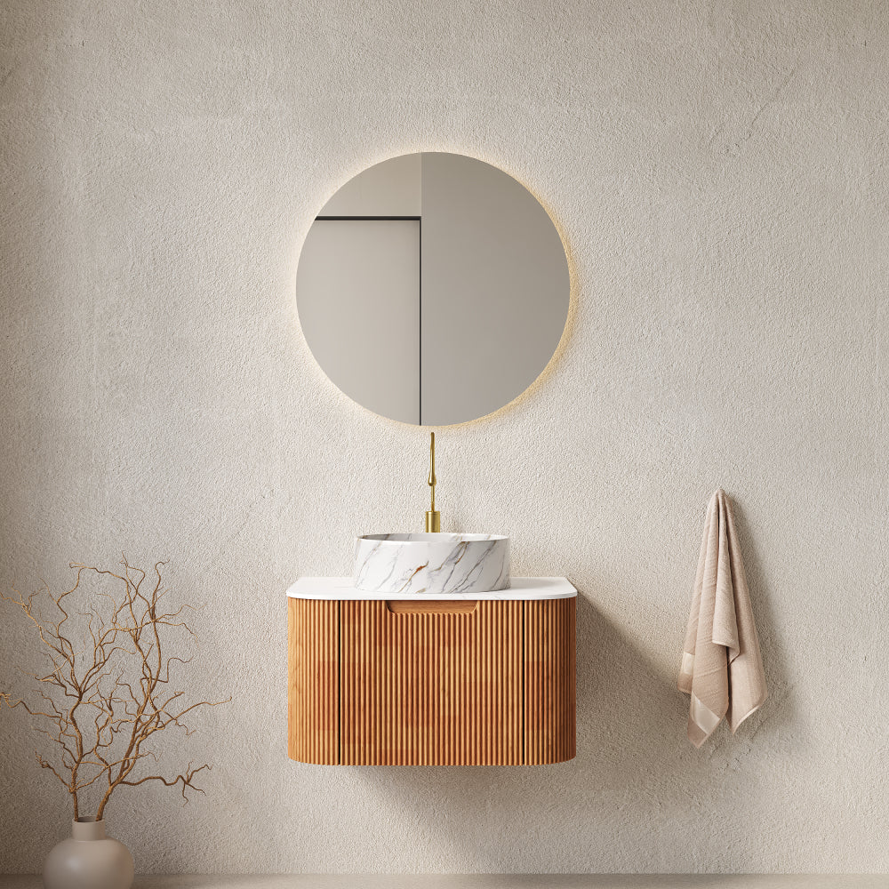 DINA 24" Bathroom Vanity with Sink, Wall-Mounted Floating Curved Edges Striped Bathroom Storage Cabinet with a Drawer, White Round Ceramic Basin without Faucet, Pre-assembled, Natural Woodgrain Color