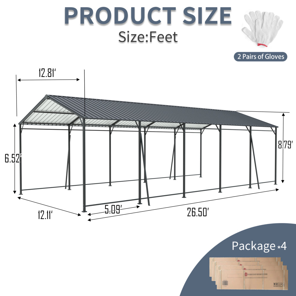13*26.5 FT Carport, Heavy Duty Carport with Galvanized Steel Roof and Frame, Metal Carport Large Garage with 4 Fixed inclined square tube supports
