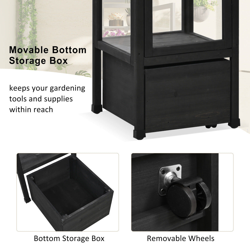 TOPMAX 62.4inch Height Wood Garden Greenhouse Balcony Portable Mini Cold Frame with Movable Storage Box and Adjustable Shelves for Outdoor Indoor Use, Black