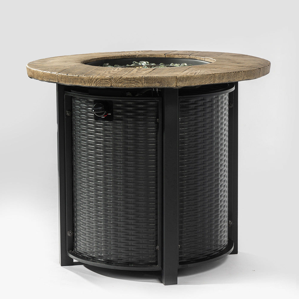30" Propane Gas Fire Pit Table, 50000 BTU Round Steel Fire Pit with Imitation Wood Grain Finish for Outside Patio Deck Garden Backyard- Black