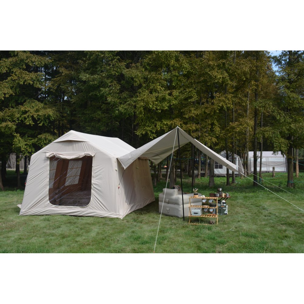 9.8 x13ft with canopy, Inflatable Camping Tents with Hand Pump, Air Glamping Tents, Easy Setup Waterproof and Windproof Blow up Tent Beige