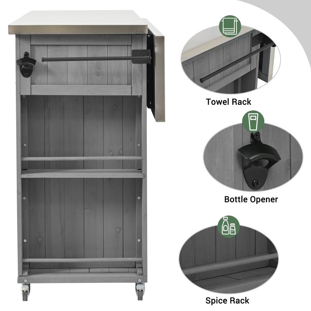 Outdoor Kitchen Island Fir Wood Kitchen Island with Stainless Steel Top, Ample Storage Space, Towel and Spice Racks and a Bottle Opener for Outdoor, Grey