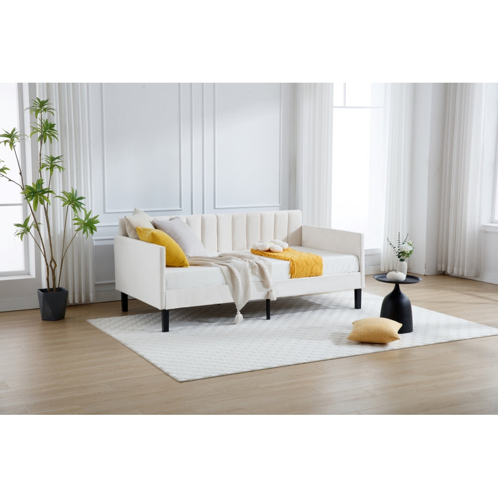 Elena Twin Size Beige Velvet Upholstered Daybed, Ribbed Tufted Backrest, Daybed in Lavish Modern Design, Richly Hued Foam Comfort