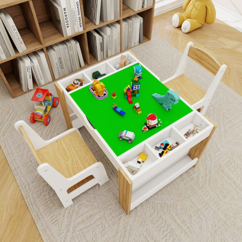 Kids 2 in 1 Play Table & 2 Chairs Set,with 7 Storage Compartments,Compatible with LEGO Building Block,Modern Activity Learning Table Game Furniture-White