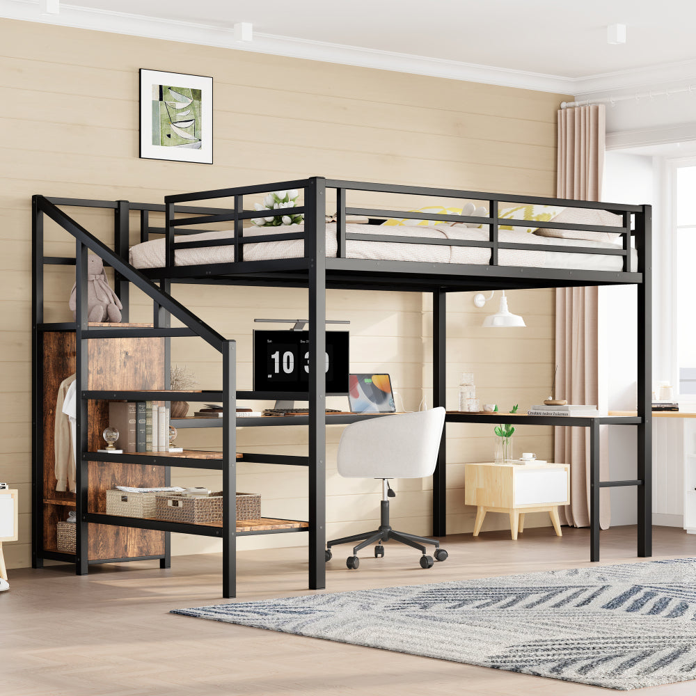 Twin XL Size Loft Bed with L-shaped Desk and USB, Metal Loft Bed with Wardrobe and Adjustable Shelf, High Loft Bed with LED for Kids Teens Adults, Black
