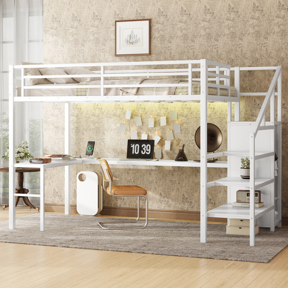 Twin XL Size Loft Bed with L-shaped Desk and USB, Metal Loft Bed with Wardrobe and Adjustable Shelf, High Loft Bed with LED for Kids Teens Adults, Black