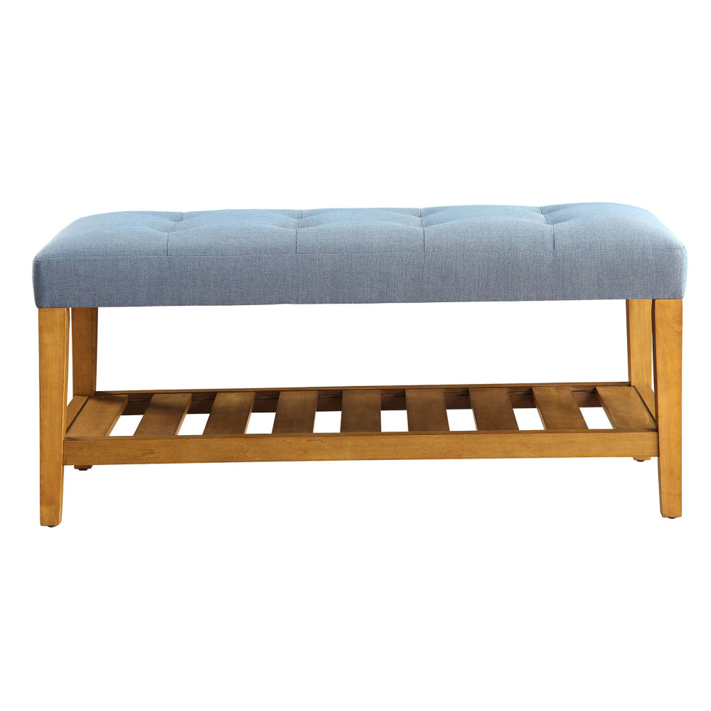 Light Blue and Oak Tufted Padded Seat Bench