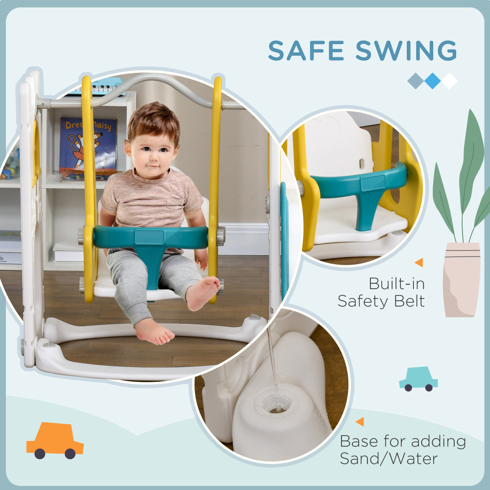 Qaba 6 in 1 Toddler Slide and Swing Set, Baby Slide for Age 1-3 Years with Basketball Hoop, Climber, Storage Space, Telescope, Indoor Playground, Yellow