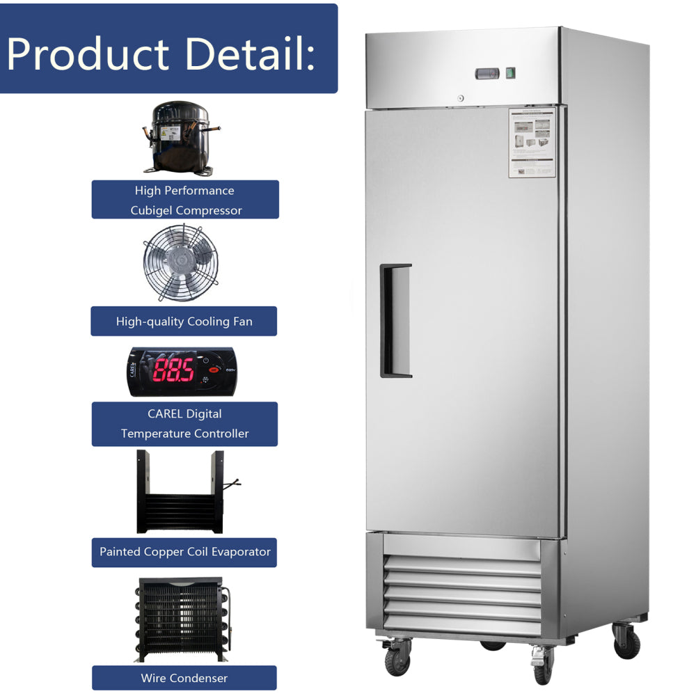 27"W Commercial Freezer Single Solid Door Stainless Steel Interior and Exterior Construction Reach-in Freezer 18.68 Cu.ft. Upright Fan Cooling Freezer for Restaurants and Commercial Environments