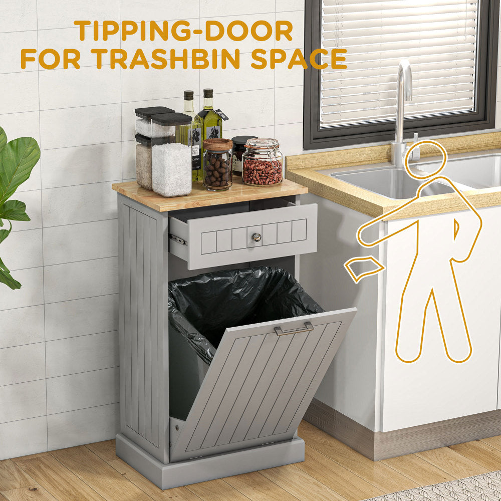 HOMCOM Kitchen Tilt Out Trash Bin Cabinet Free Standing Recycling Cabinet Trash Can Holder With Drawer, Gray