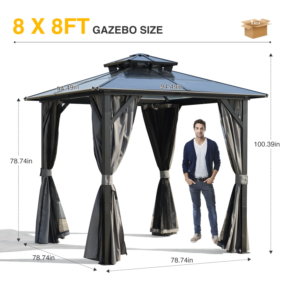 Outdoor Grill Gazebo 8 x 8FT, Hardtop BBQ Gazebo with UV-Resistant Polycarbonate Roof & Storage Hooks for Patio, Lawn, Garden