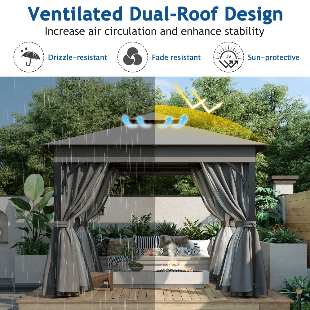 TREXM 10x10 Outdoor Gazebo Tent with Double Roofs, Patio Gazebo with Mosquito Netting and Privacy Screens, Patio Canopy for Shade and Rain for Backyard, Garden, Lawn and Deck (Grey)