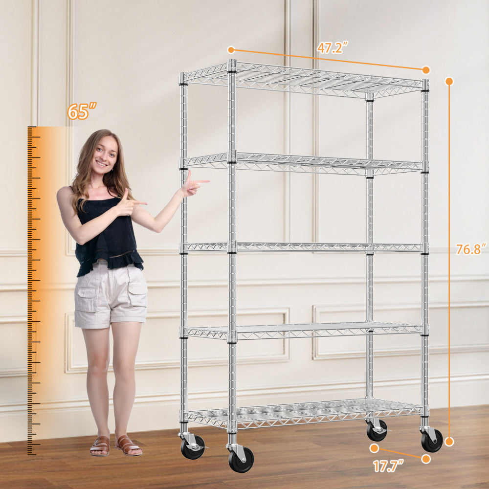 Steel Storage Shelving 6-Tier Utility Shelving Unit with Wheels, Steel Organizer Wire Rack for Home,Kitchen,Office,Garage,17.7" D x 47.2" W x 76.7" H-Chrome