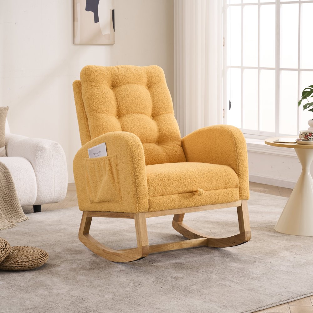 LY-5104 WHITE Accent Rocking Chair with Footrest High Back Rubber Wood Rocking Legs Bedroom Living Space 26.77D X 38.36W X 39.76H Inch
