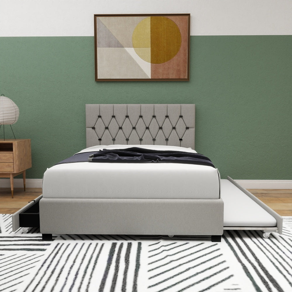 BEIGE QUEEN SIZE TRUNDLE PULL OUT DRAWERS STORAGE UPHOLSTERED BED MODERN DESIGN NO BOX SPRING REQUIRED