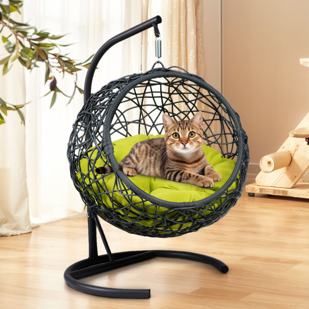 Cat Swing Bed with Stand & Cushion, Cat Egg Chair with Rattan Wicker Appearance, Indoor Hanging Swinging Cat Bed for Cats, Small Dogs, and Small Animals, Brown