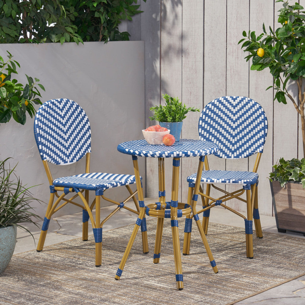 Outdoor Aluminum 3 Piece French Bistro Set, Navy Blue, White, with Bamboo Finish