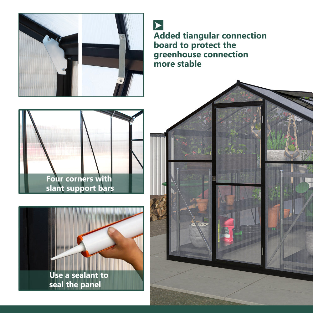 6x10 ft Outdoor Polycarbonate Greenhouse Kit with Aluminum Frame, Walk-in Garden Green House with Lockable Door & Adjustable Roof Vent, Backyard, Patio
